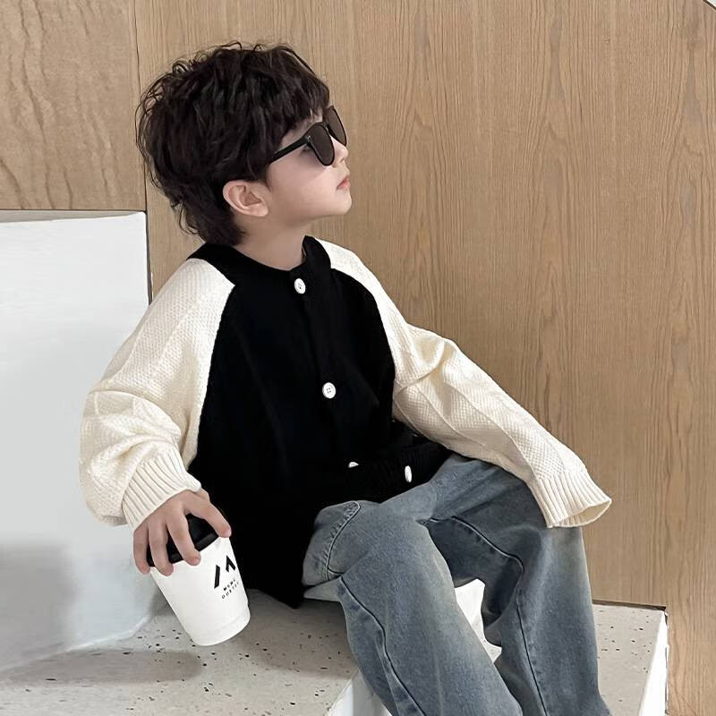 艾上他她儿童春款洋气宝宝针织衫韩版字母刺绣双版本男童毛衣 开衫款
