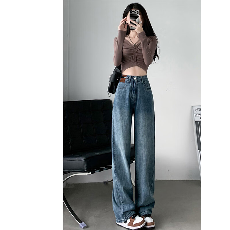 木清清梨型身材阔腿牛仔裤女春秋复古大码胖mm宽松高腰显瘦直筒拖地