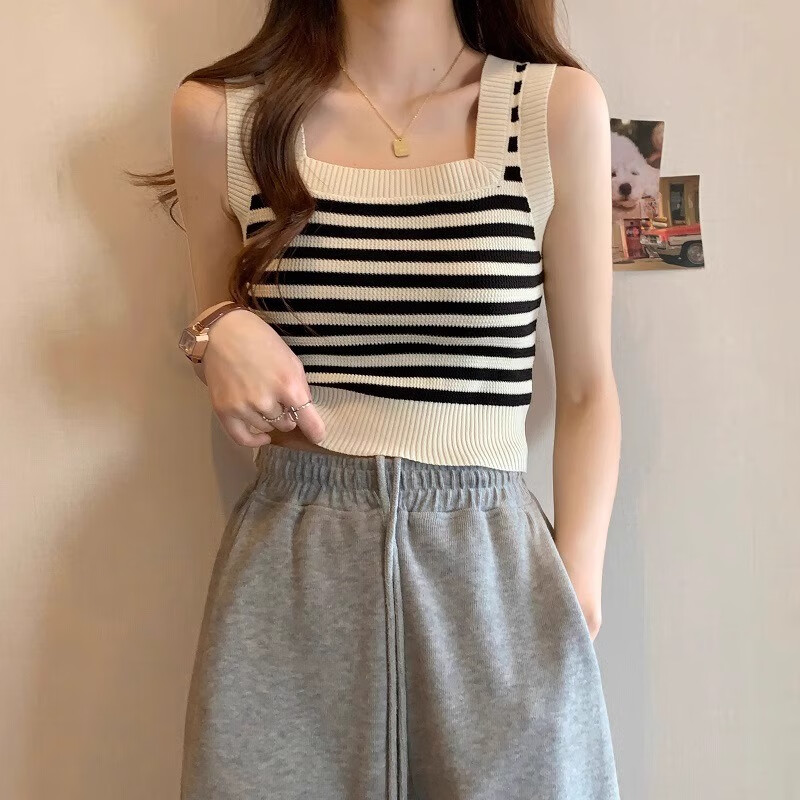 燕潯寬肩帶冰絲條紋吊帶小背心女夏新款內(nèi)搭外穿短款方領(lǐng)無袖薄款上衣 黑條紋 S (95斤以下)