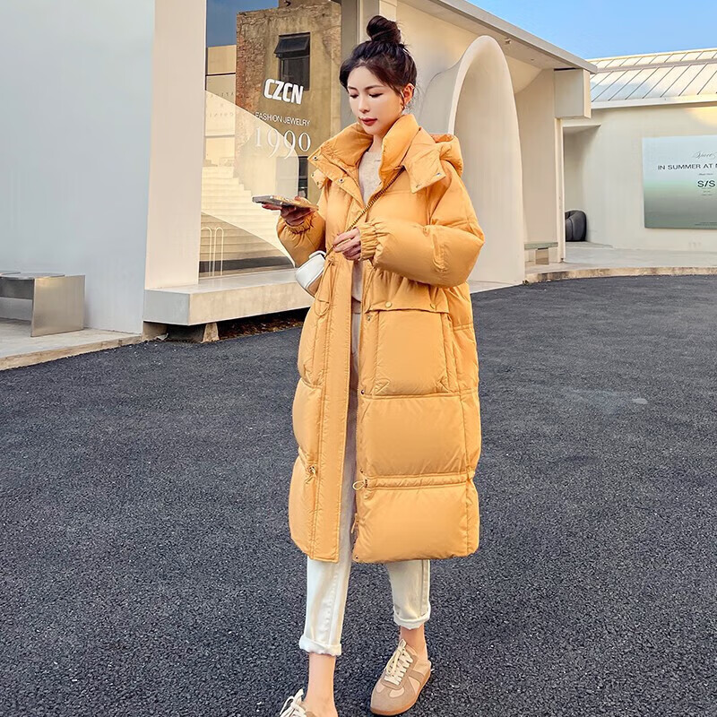 鸭鸭连帽保暖羽绒服女中长款过膝2025年冬季新品时尚韩版收腰显瘦外套 白色 S【125斤以内】