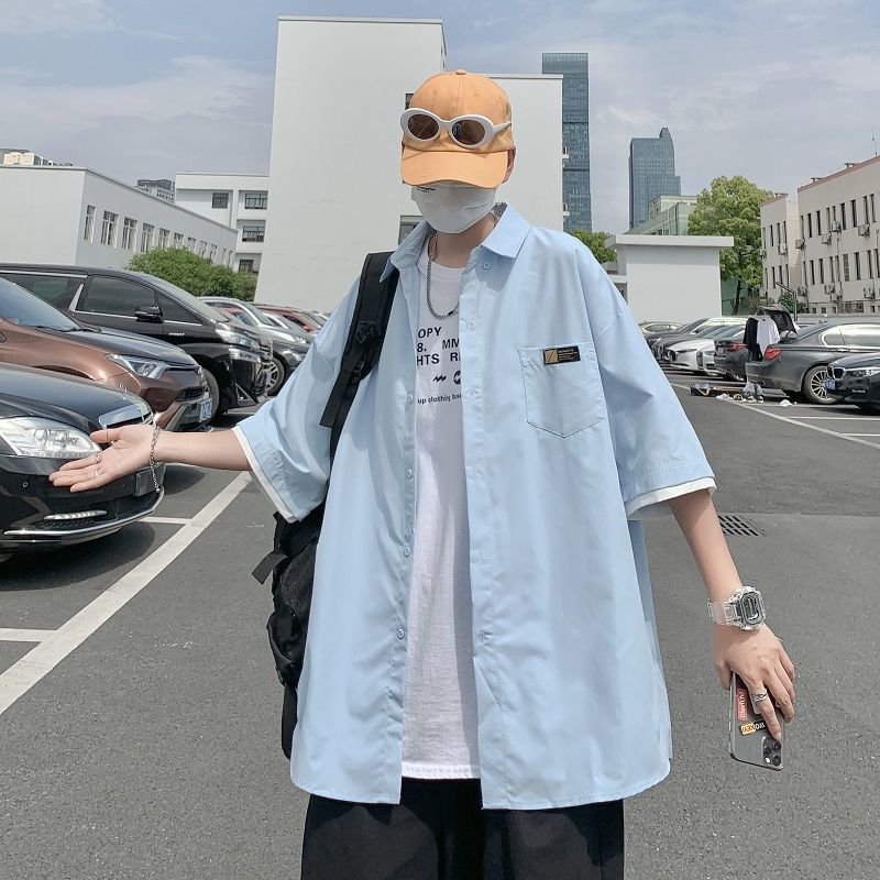 楠语秋(nanyuqiu)短袖衬衫男韩版宽松休闲夏季外套半袖衬衣男帅气潮流