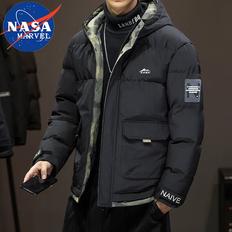 NASA MARVEL棉衣男外套棉服秋冬男夾克襖子外衣連帽面包服保暖 黑色 L