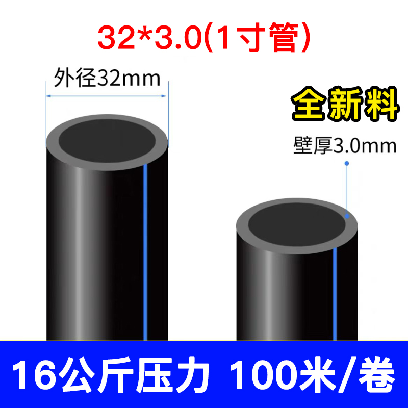 全新料pe水管熱熔自來(lái)水管4分6分1寸國(guó)標(biāo)飲用給水管黑色硬管盤(pán)管 32*3.0全新料16公斤壓1寸100米