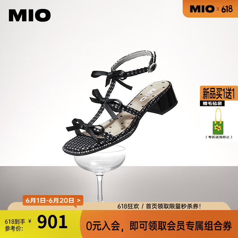 MIO米奥2024年夏季拼色方头时装凉鞋蝴蝶结中跟时尚个性凉鞋女鞋 黑/银色 37