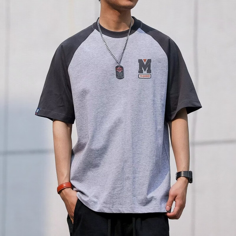 纯以纯男夏季纯棉印花上衣复古日系慵懒风格穿搭撞色插肩短袖情侣t恤