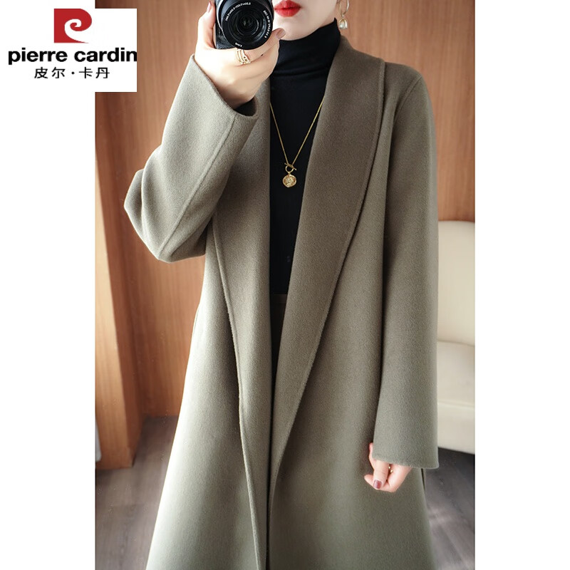 皮爾卡丹（pierre cardin）23秋冬新款中長(zhǎng)款雙面羊絨大衣女過(guò)膝赫本風(fēng)100％羊毛呢子外套女 灰駝色 S 【90-110斤】