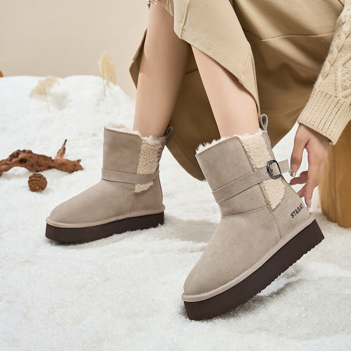 星期六真皮雪地加绒靴女加厚底中筒皮毛棉鞋一体保暖毛毛鞋防水棉 加绒 卡其色 37