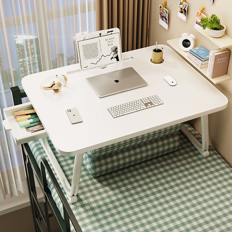 华木兰床上电脑桌可折叠书桌加大笔记本小桌板宿舍神器学生多功能小桌子 暖白色【稳固U腿】加大旗舰款