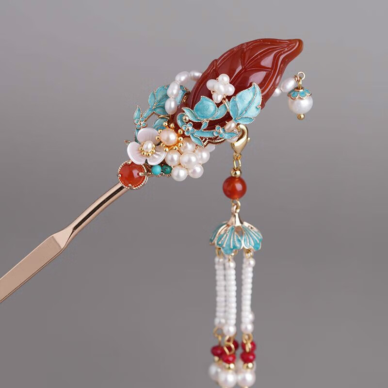 碧允寻簪记创设计古典风发簪旗袍汉服配饰头饰复古流苏簪子玛瑙红叶