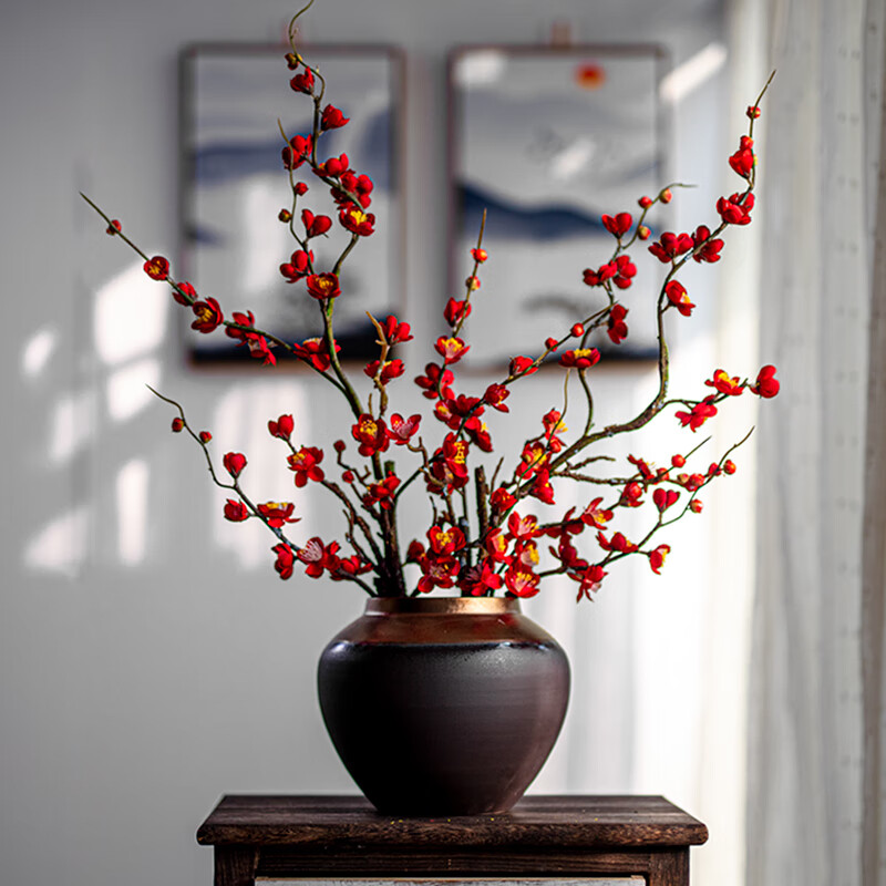 客厅玄关书房茶桌室酒店仿真花艺插花 金边花瓶 5叉红梅2支 热门图鲻