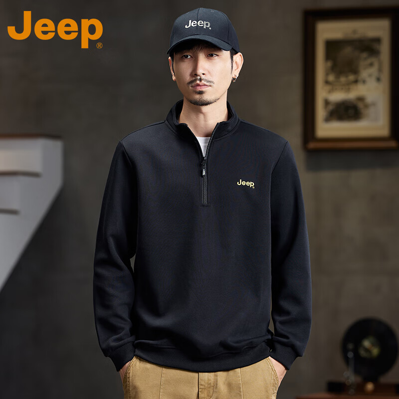 吉普(JEEP)美国正品Jeep高端半拉链卫衣男士秋冬款加厚宽松套头内搭长袖上衣 蓝色【官方正品】 XL 推荐140-160斤
