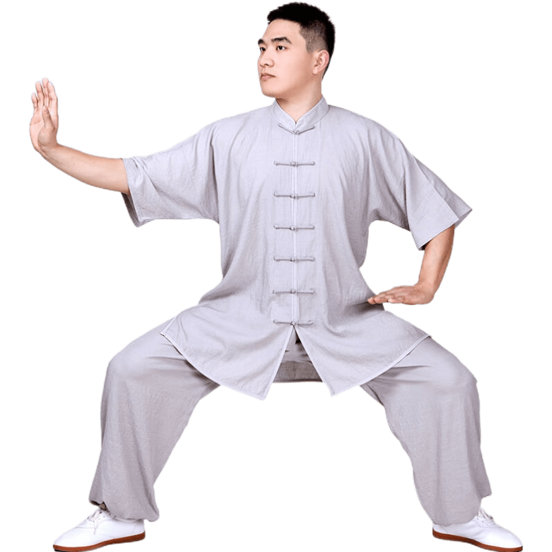 恒源祥新款夏季棉麻太極服中國(guó)風(fēng)男亞麻棉透氣飄逸薄款短袖練功拳服裝 淺灰色 XXL