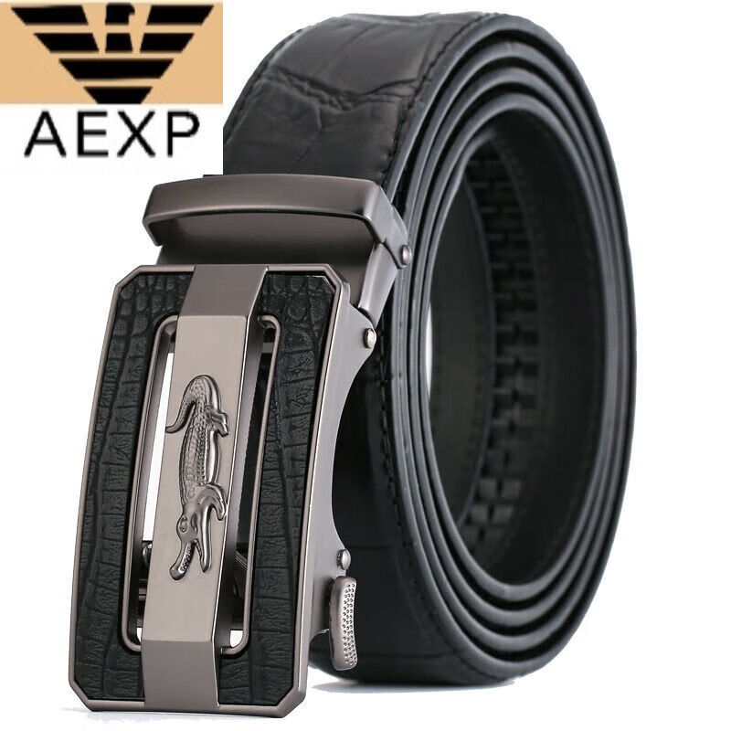 aexp阿玛尼尼旗下男士真·皮自动扣皮带新款鳄鱼纹商务休闲中青 枪黑