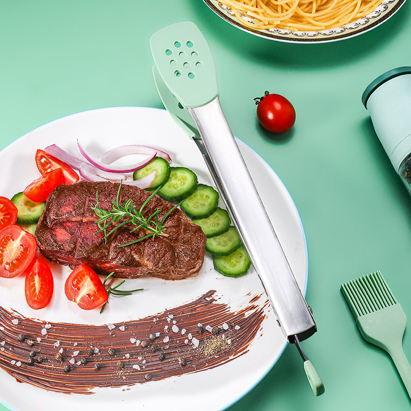 物夹子牛排夹烧烤馒头面包糕点食物夹 马卡龙青色筛孔胶头食物夹(大)