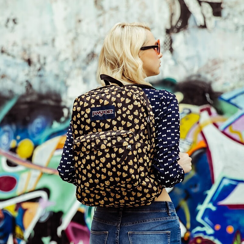 JANSPORT杰斯伯双肩包男女清新森系花色背书包\/裁切不同花纹会不一致 T5013CN豹纹爱心-无侧袋无隔层