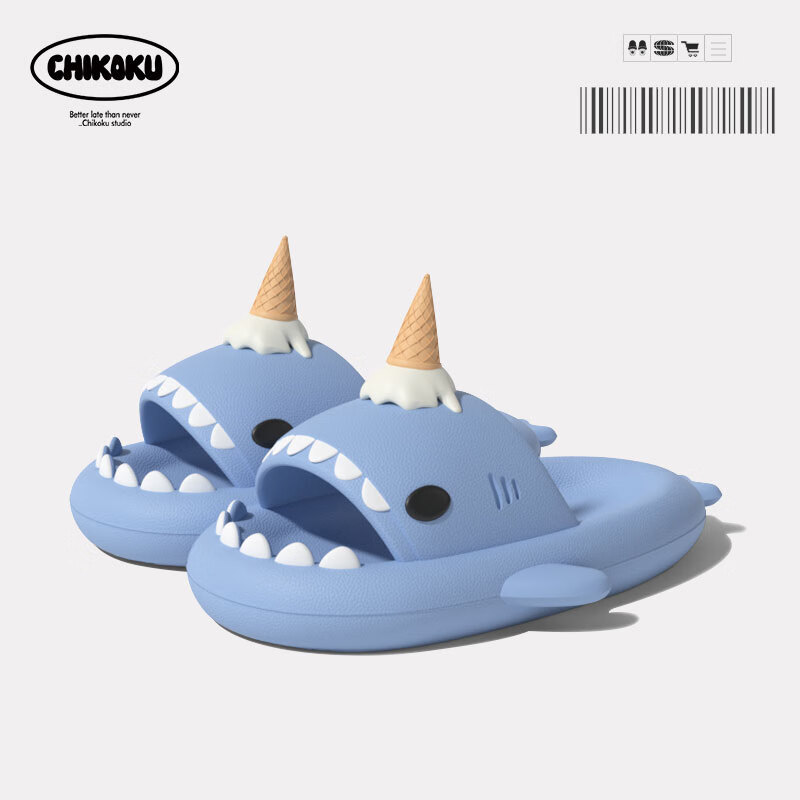 洛皮思(luop i s i)chikoku冰淇淋鲨鱼男女夏室内居家厚软底防滑情侣