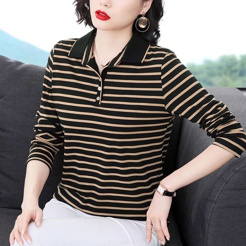 胖妹妹显腿瘦阔腿裤翻领条纹长袖t恤女妈妈秋 杏黑条纹 m 胸围92cm