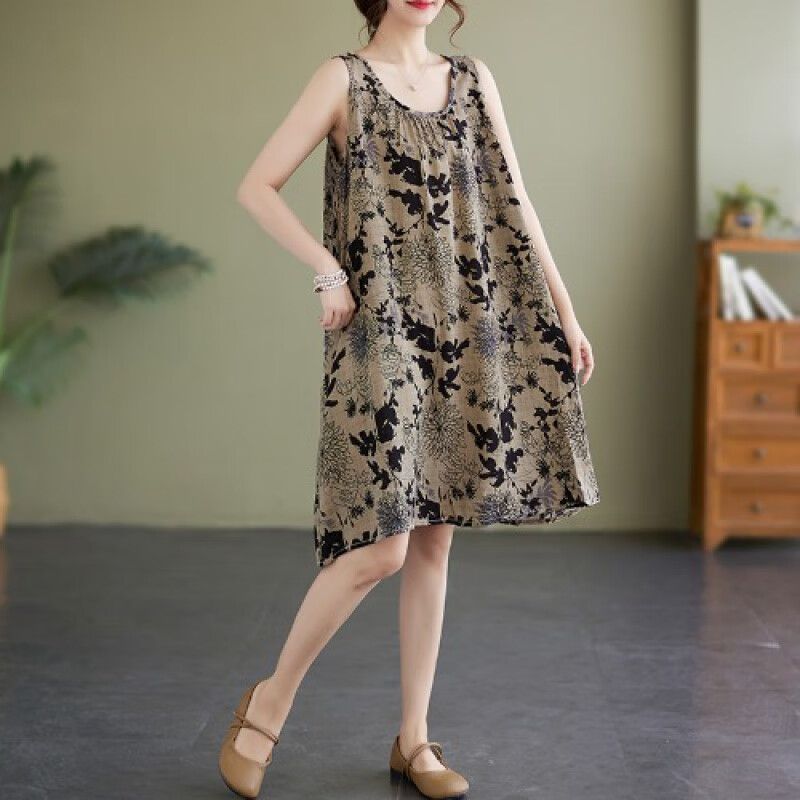古维慕无袖连衣裙背心裙棉麻夏复古碎花吊带裙女夏季宽松遮肚背心