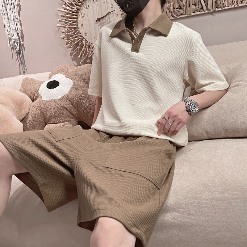 clolv kiss短袖polo衫套装男ins潮牌时尚休闲搭配五分短裤痞帅男装一