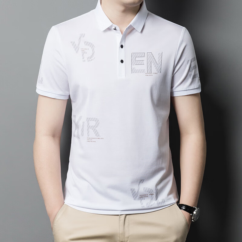 岚铠明夏季男士印花短袖polot恤男潮流青年商务休闲翻领汗衫t 白色