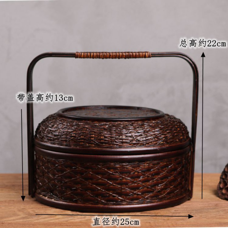 杠絲創(chuàng)復古竹編提籃食盒竹編收納籃茶具收納盒竹編帶蓋提盒 做舊食盒