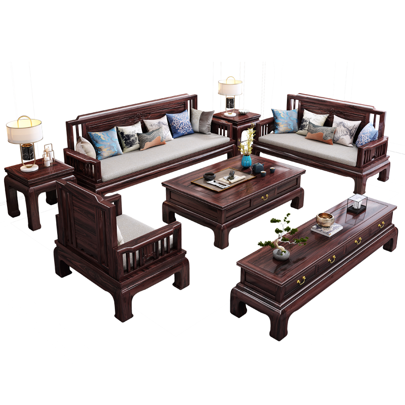 景腾 沙发 新中式乌金木实木沙发客厅大户型明清古典中式1+2+3组合套装中国风家具 123沙发+茶几