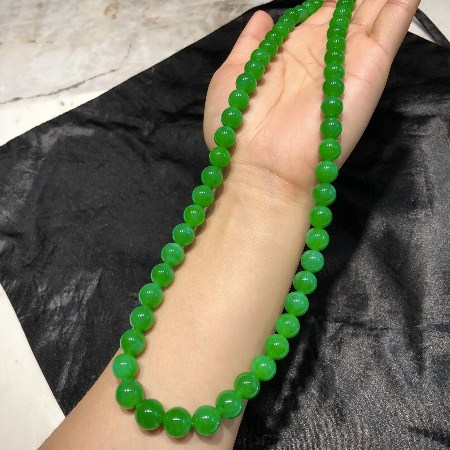 永红旺绿翡翠项链缅甸满绿冰种圆珠塔链男女款手链翡翠豆绿项链 8mm