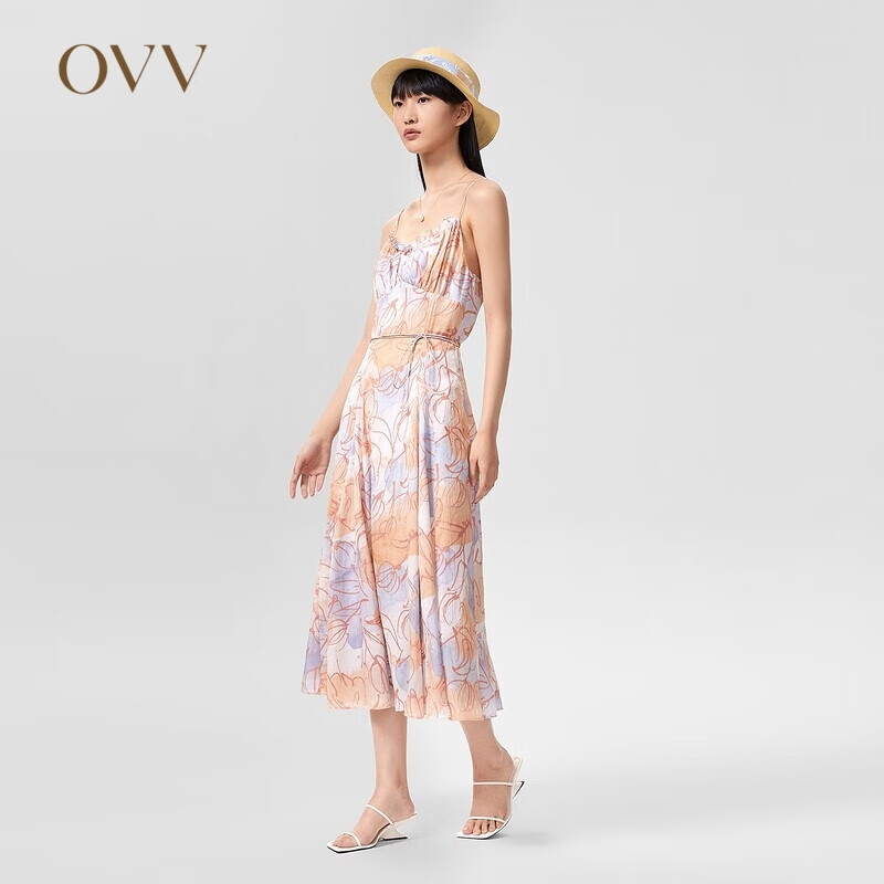 OVV【郁金香系列】OVV2022春夏新款女装水彩印花吊带连衣裙 浅橙花纹06 S