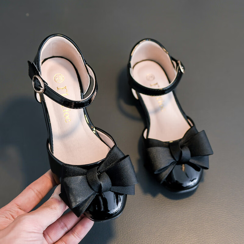 格素凡女童凉鞋10岁至12岁高跟皮鞋蝴蝶结小女孩公主玛丽珍鞋 黑色