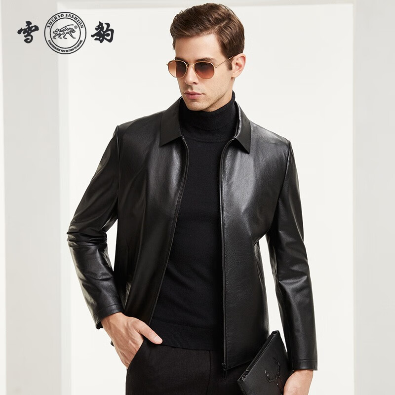 雪豹皮衣男 秋冬翻领牛皮宽松商务休闲男士夹克衣多穿 黑色 185/104A(54)