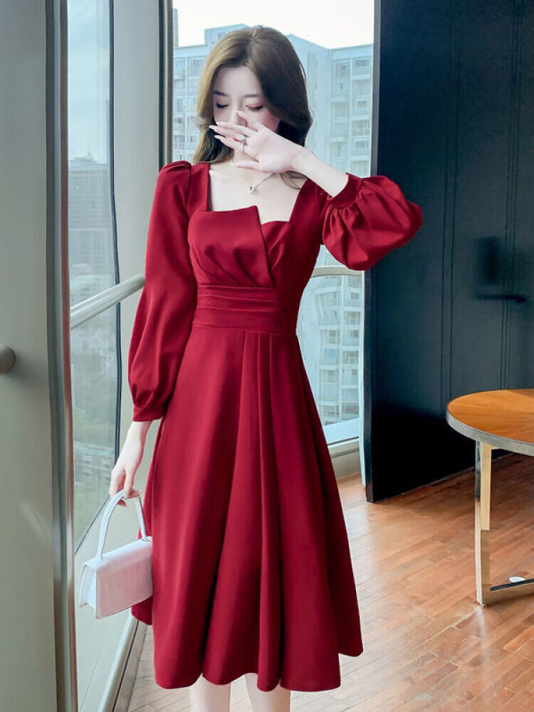 法比兔嫁女儿参加婚礼穿的婚宴婚庆2022秋装新款感红色法式连衣裙敬酒