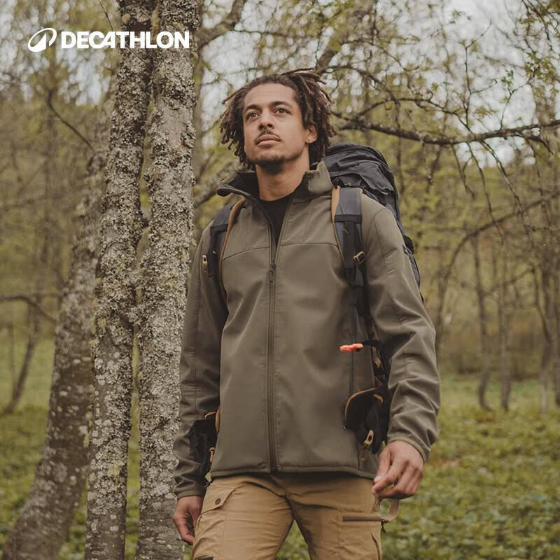 迪卡侬（DECATHLON）男士夹克软壳男士夹克男加绒软壳衣男抓绒保暖防风防泼水MT100 军绿色 M