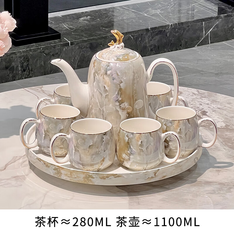 竹海豚轻奢陶瓷茶具套装家用水杯茶杯待客杯子欧式茶壶结婚陪嫁水具 暖黄石纹海豚茶具套装