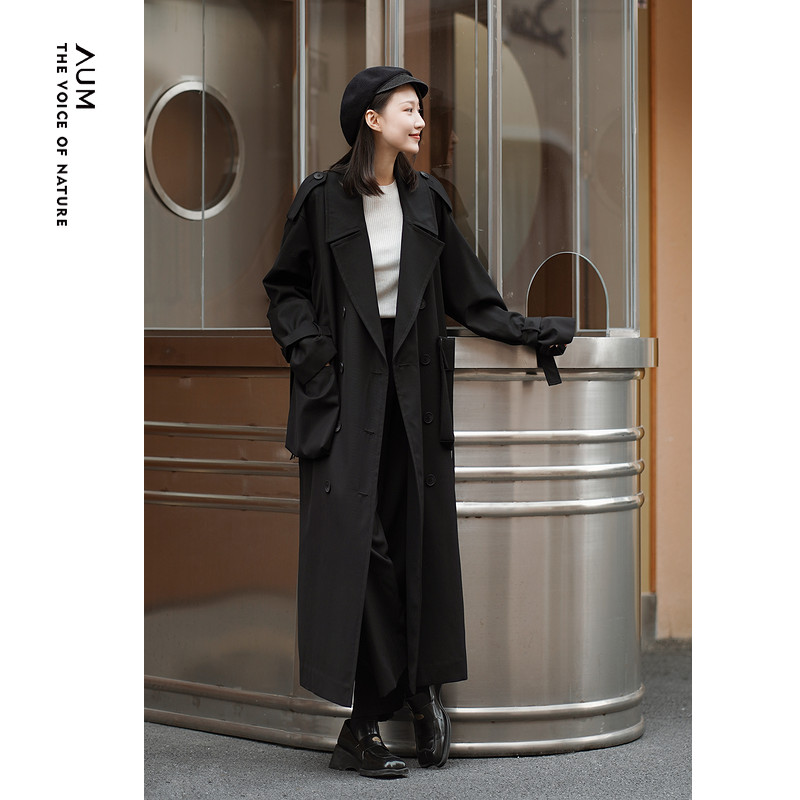 噢姆(aum)女装春季新品时尚优雅复古西装领双排扣毛呢外套 黑色 s