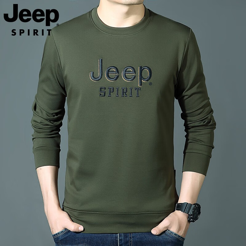 吉普(jeep)长袖t恤男时尚休闲印花体恤衫圆领休闲男装打底衫上衣8001