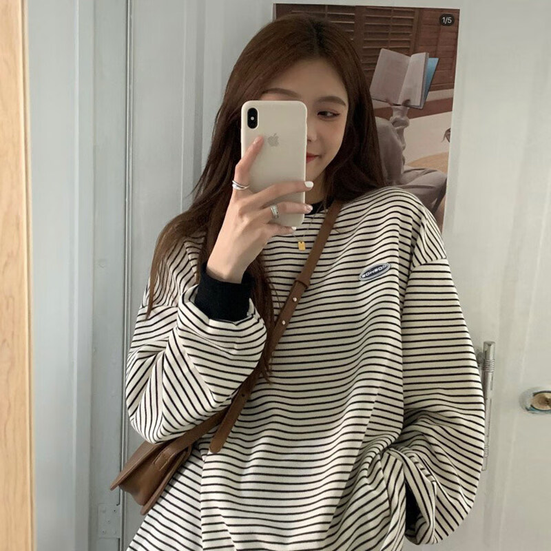 少女高中生初中生卫衣女春秋学生党韩版宽松超火cec条纹薄款insbf慵懒