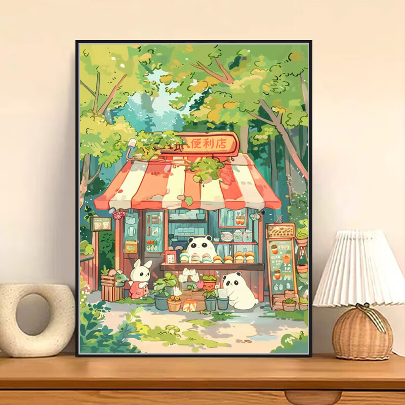 佳彩天颜森林便利店 diy数字油画治愈卡通风景涂鸦画丙烯填色装饰摆件