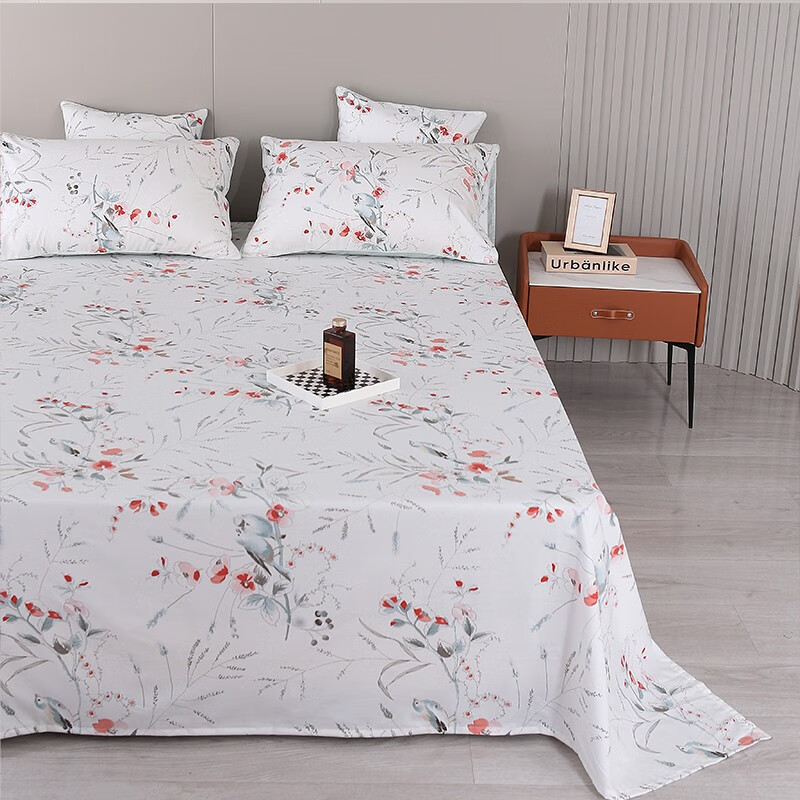 柳庭家纺 床单纯棉长绒棉60支 外贸全棉贡缎床单1.51.8米床 牡丹蓝 床单240*260cm