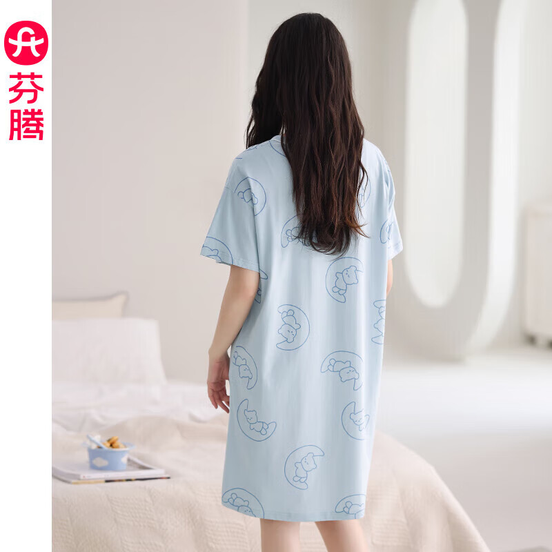 芬腾睡裙女夏季新款纯棉中长裙甜美可爱短袖薄款全棉大码睡衣裙 FX25290103灰兰 XL 建议:125-145斤