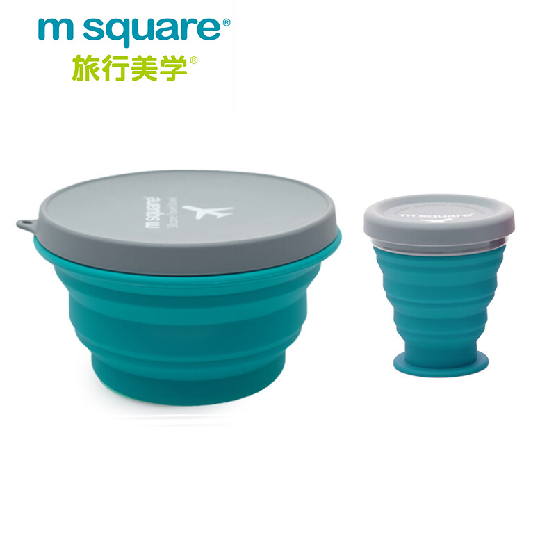 m square折叠碗硅胶杯碗旅行便携食品级宝宝碗露营野餐 清水蓝中杯+大碗