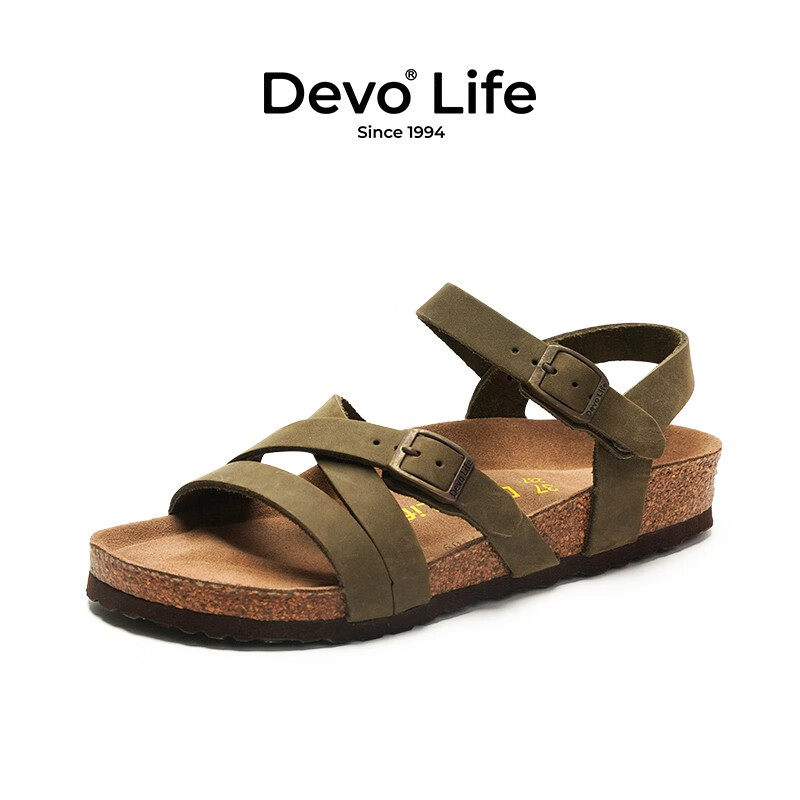 Devo Life的沃软木凉鞋防滑休闲平底时尚罗马日系复古夏季女士凉鞋56170 深灰油蜡牛皮（偏绿） 36