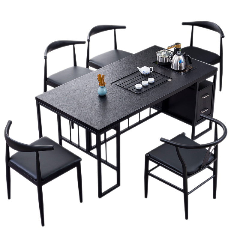 尊兰卡简约现代火烧石茶桌椅组合办公家用功夫茶台套装阳台喝茶小茶几茶具一整套一体式泡茶茶几桌 黑色 茶桌120*60*75高