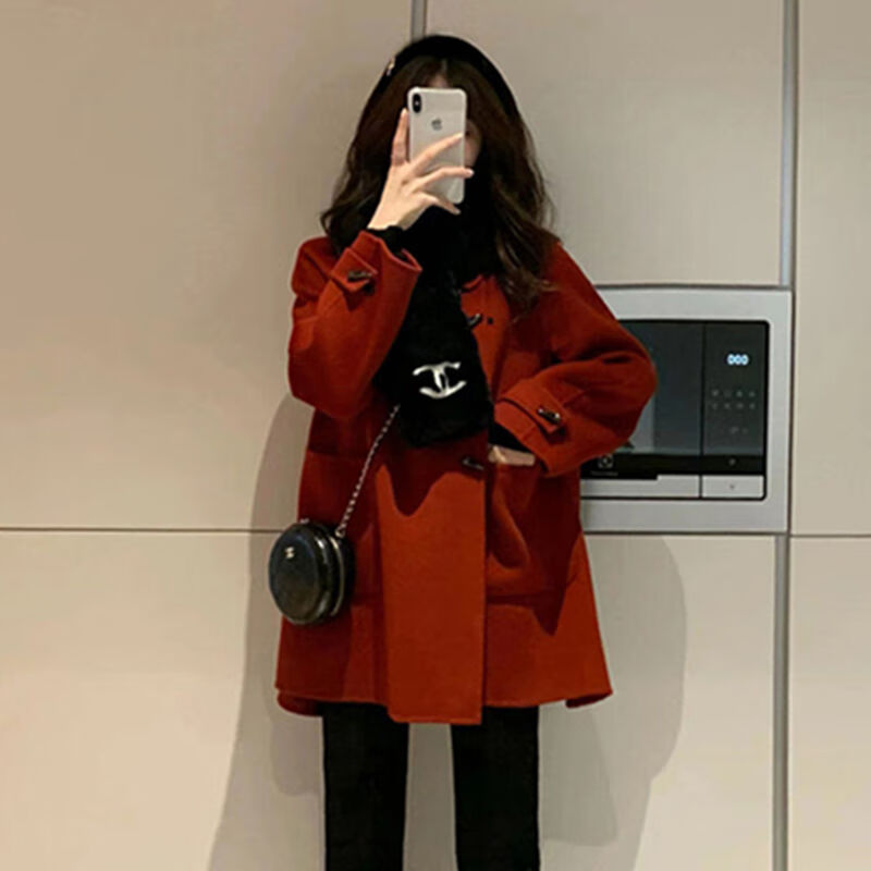 弥姬感红色呢子大衣新秋冬搭配显高小个子牛角扣毛呢外套女短款 红色
