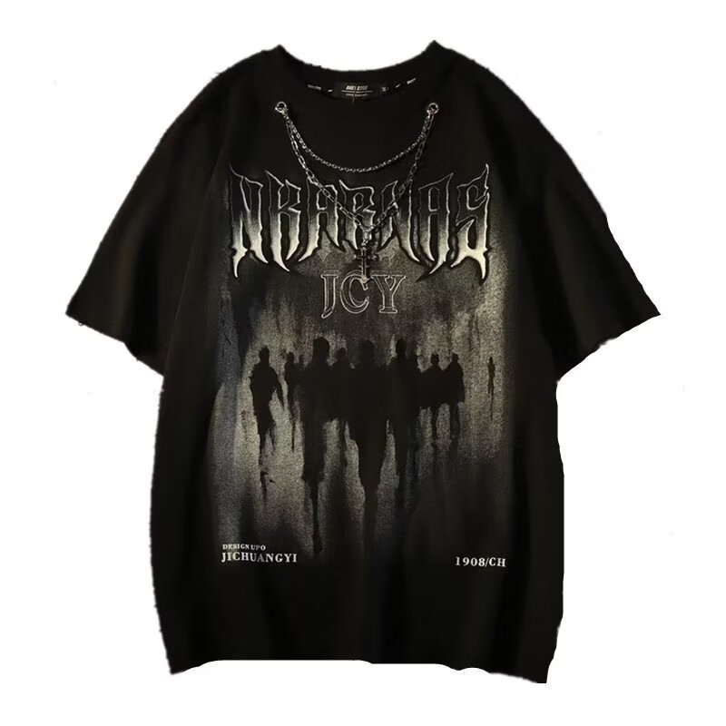 迪伽达短袖男装2025新款夏季潮流美式重磅带项链宽松休闲圆领T恤男士 BNGYL-B14黑色 M