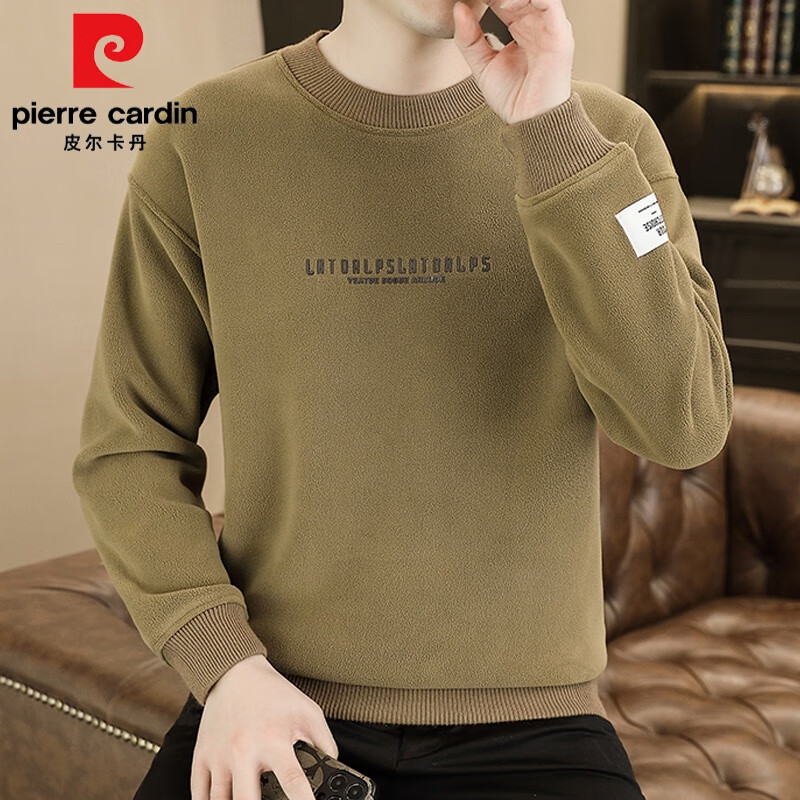 皮尔卡丹双面奥粒绒卫衣男秋冬季潮流纯色打底衫加绒加厚秋装内搭保暖上衣 2212卡其色 XL (约130-150斤可穿)