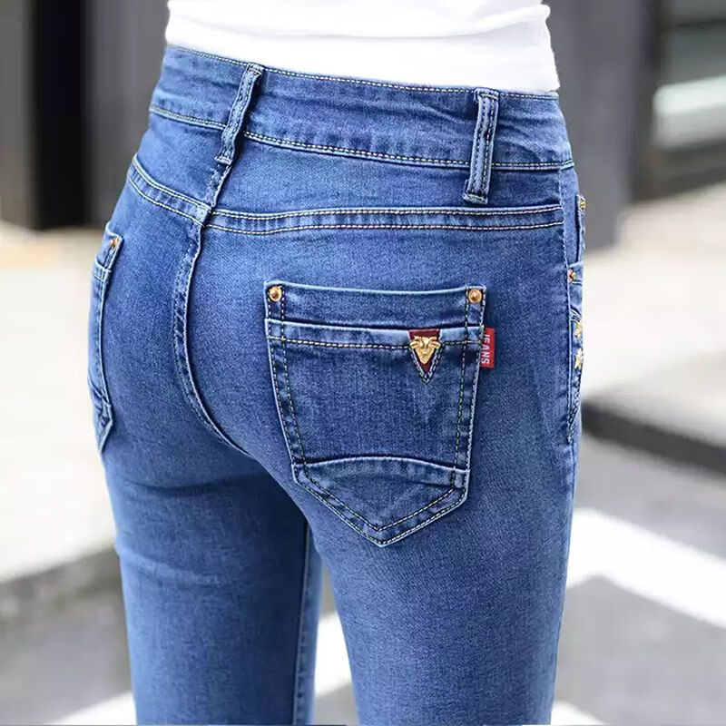 裤女装小脚翻边韩版加绒单裤 春秋弹力高腰牛仔裤女长裤 天蓝色1519