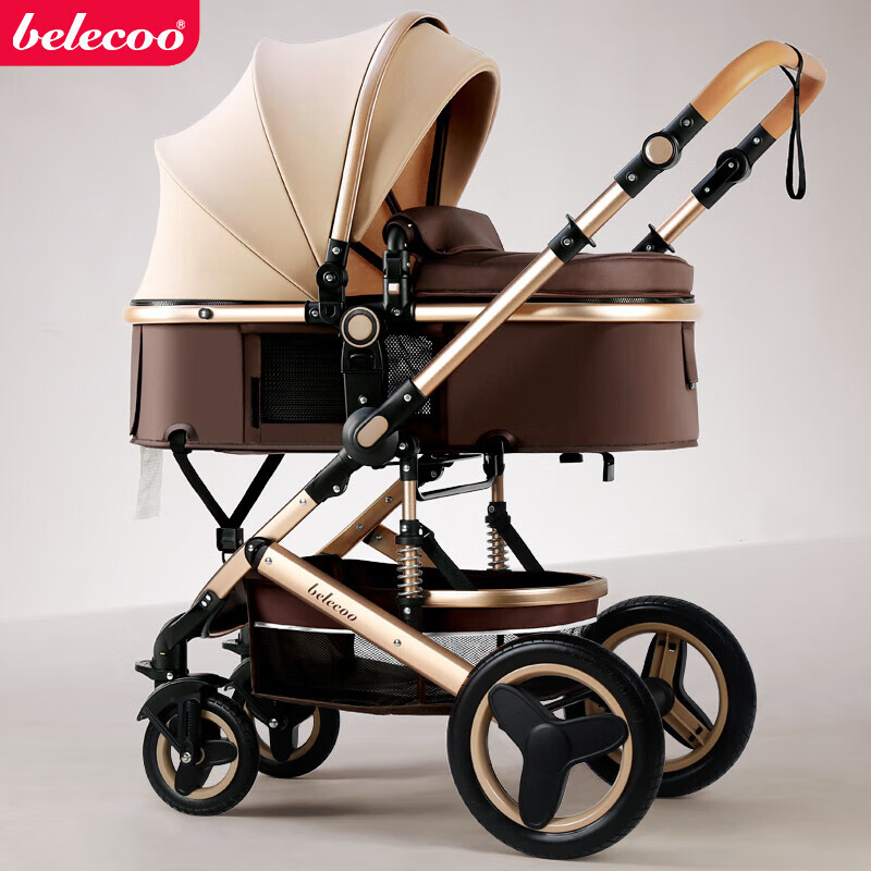 贝丽可（belecoo）婴儿推车可坐可躺轻便双向高景观折叠避震新生儿宝宝手推车 辆 奢华款二代-莱卡色+餐盘大礼包