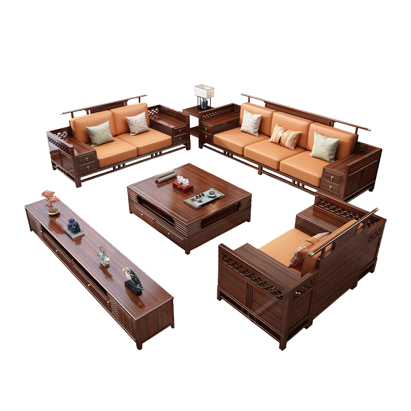 景腾 沙发 新中式实木沙发组合乌金木123沙发组合轻奢大小户型三人位大款客厅家具 1+2+3沙发+茶几