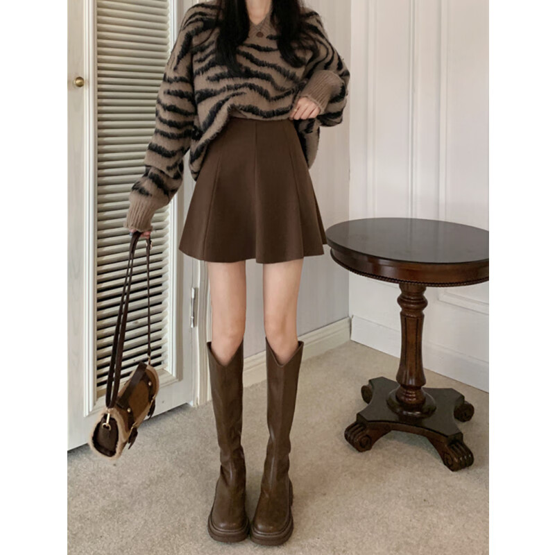 苓影咖色毛呢半身裙女春秋2024年a字短裙遮胯包臀伞裙高腰百褶裙 咖色