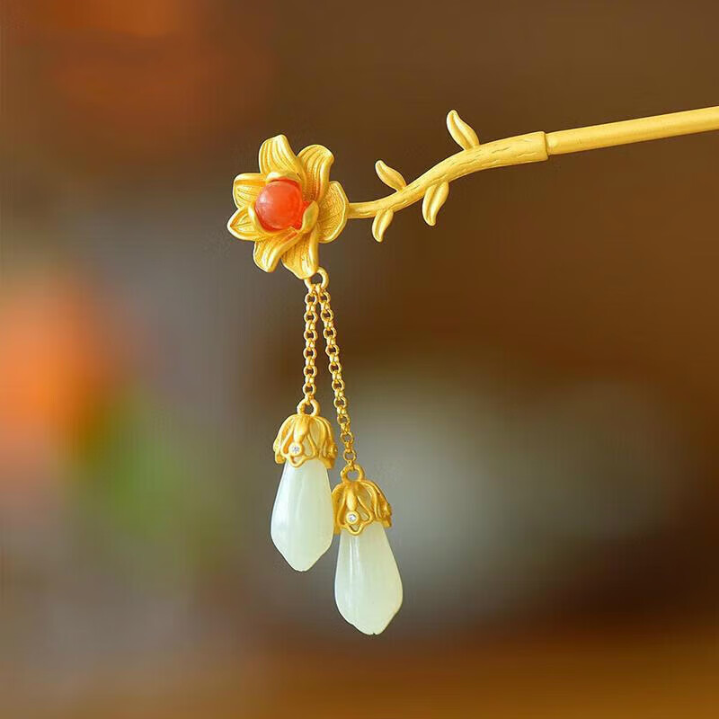 年年欢和田玉兰花发簪银鎏金复古簪子古风流苏步摇高级感旗袍盘发头饰